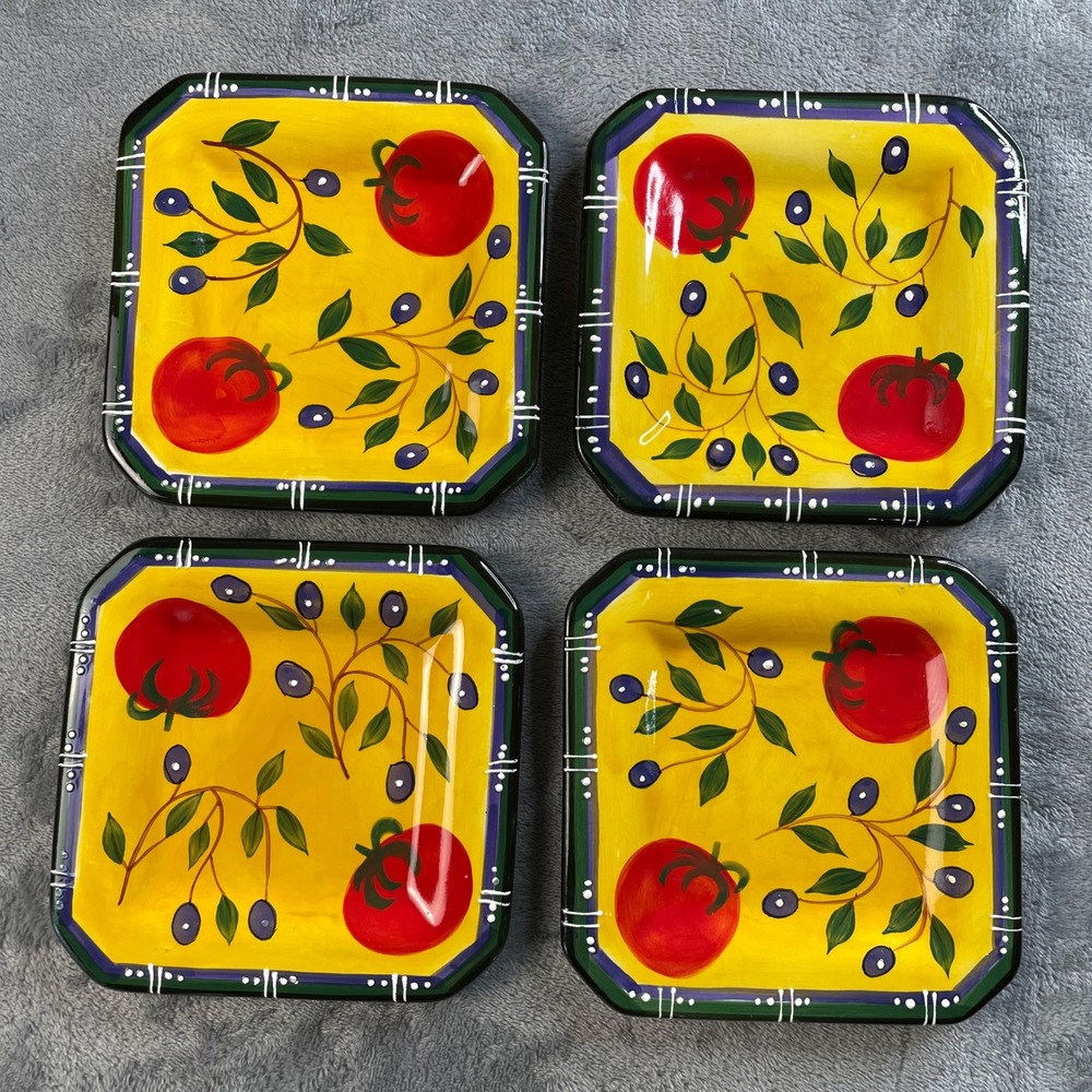 Giftco‎ Square Ceramic Appetizer Plates Set of 4 Tomato Olive Mediterranean 6 in